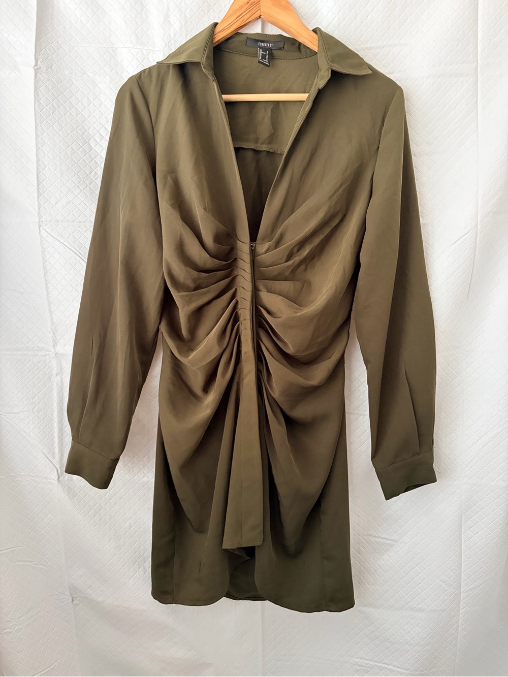 Forever 21 Olive Green Long Sleeve Ruched Front Dress
